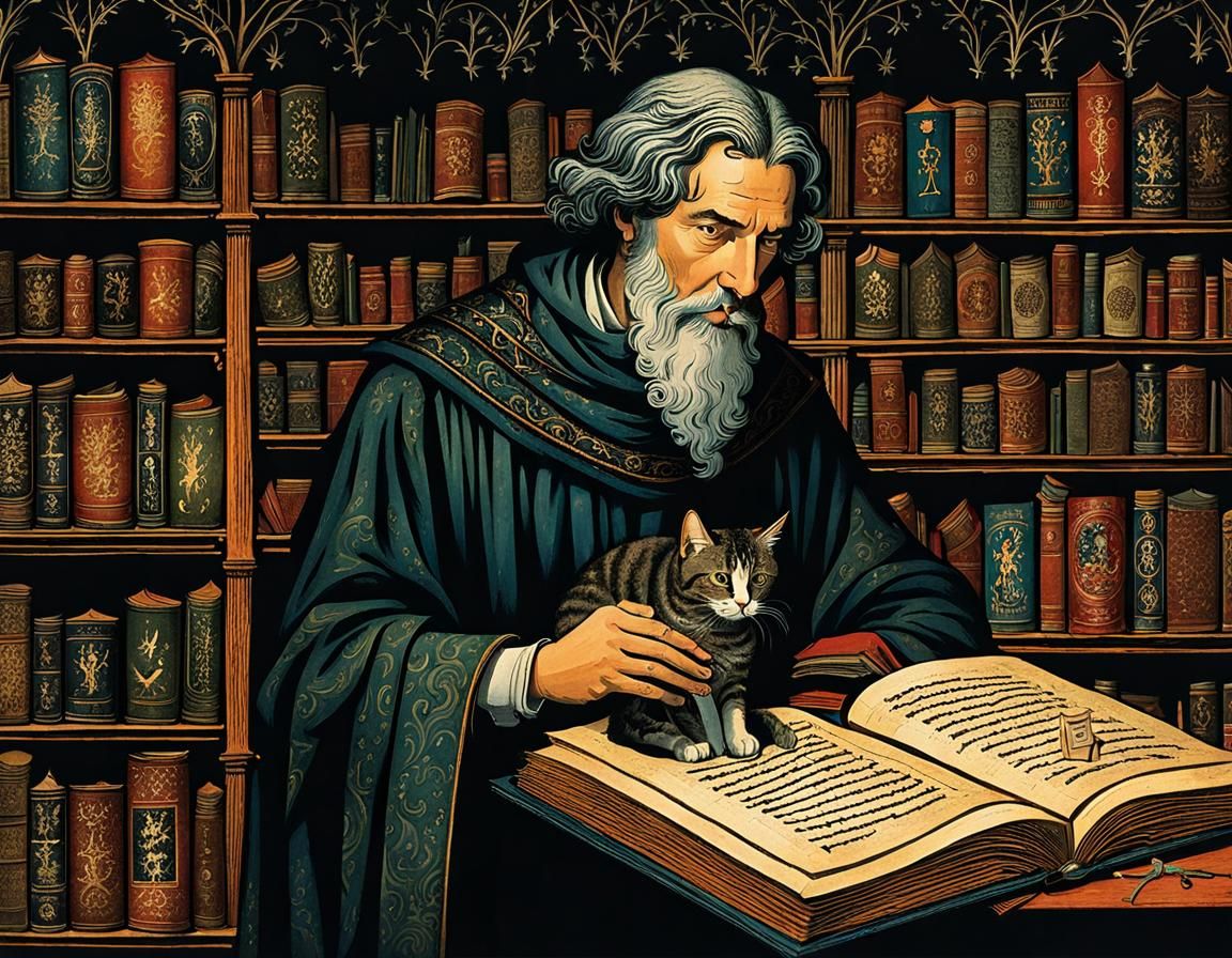 Librarian and his cat, medieval lairs, libraries filled with...