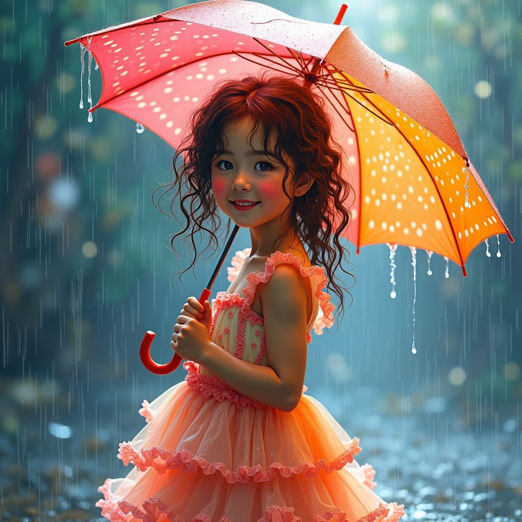 Radiant Girl in Rain, Impressionist-Inspired Painting