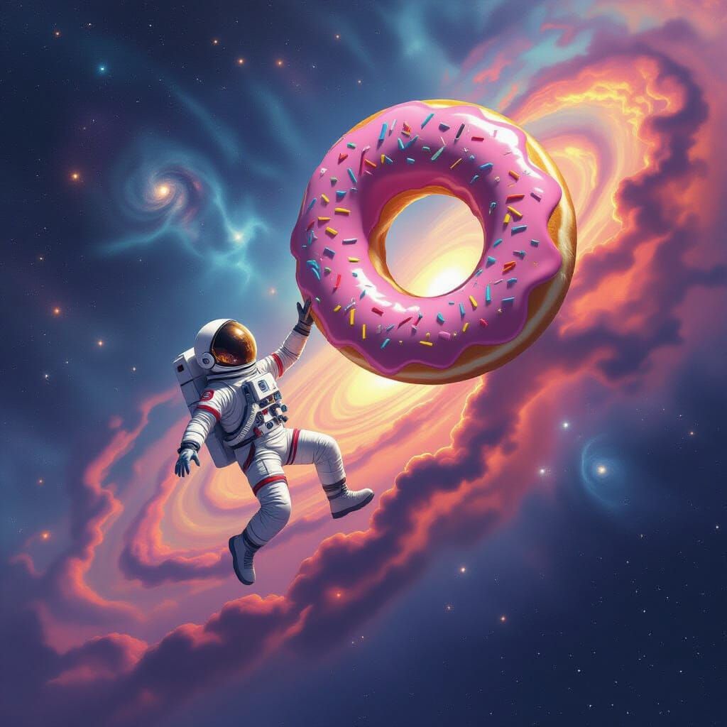 Astronaut Leaps for Giant Donut in Cosmic Dreamscape