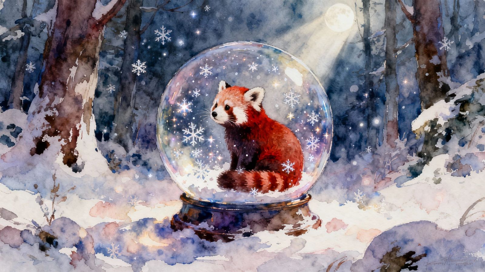 Red Panda in Snow Globe, Enchanting Forest Scene