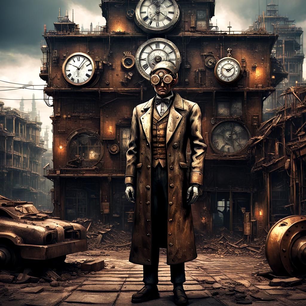 Steampunk Clockwork Man in Decayed City, Anime Art