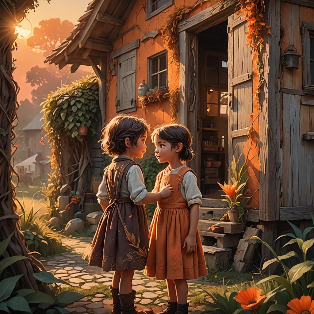 Child Befriends Gentle Monster at Sunset: Digital Impression...