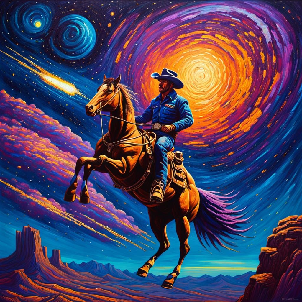 Cowboy Rides Comet in Retro-Futuristic Oil Painting