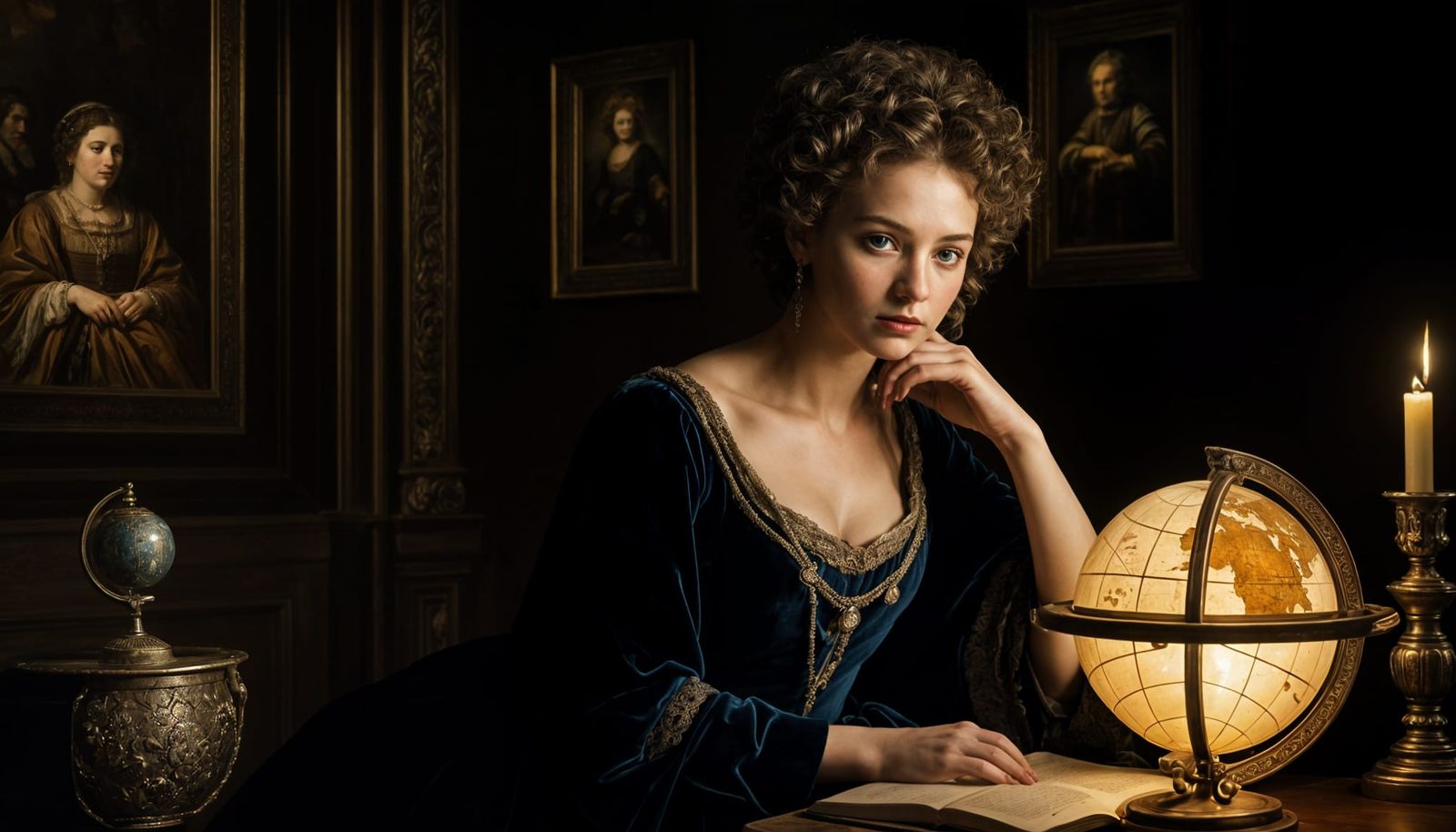 Serene Lady Studies Globe in Rembrandt-Inspired Study