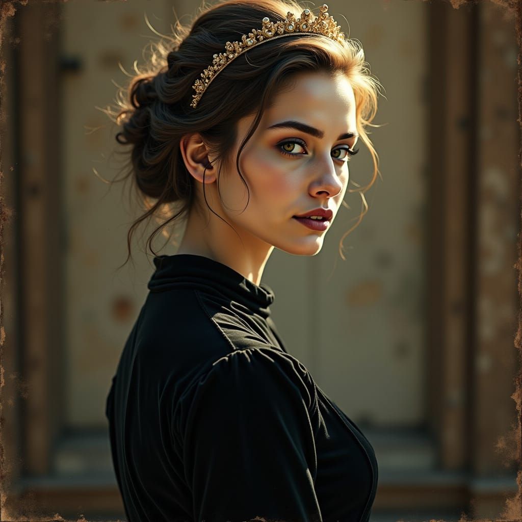 Woman in Black Velvet Dress with Gold Crown, 1800s Style