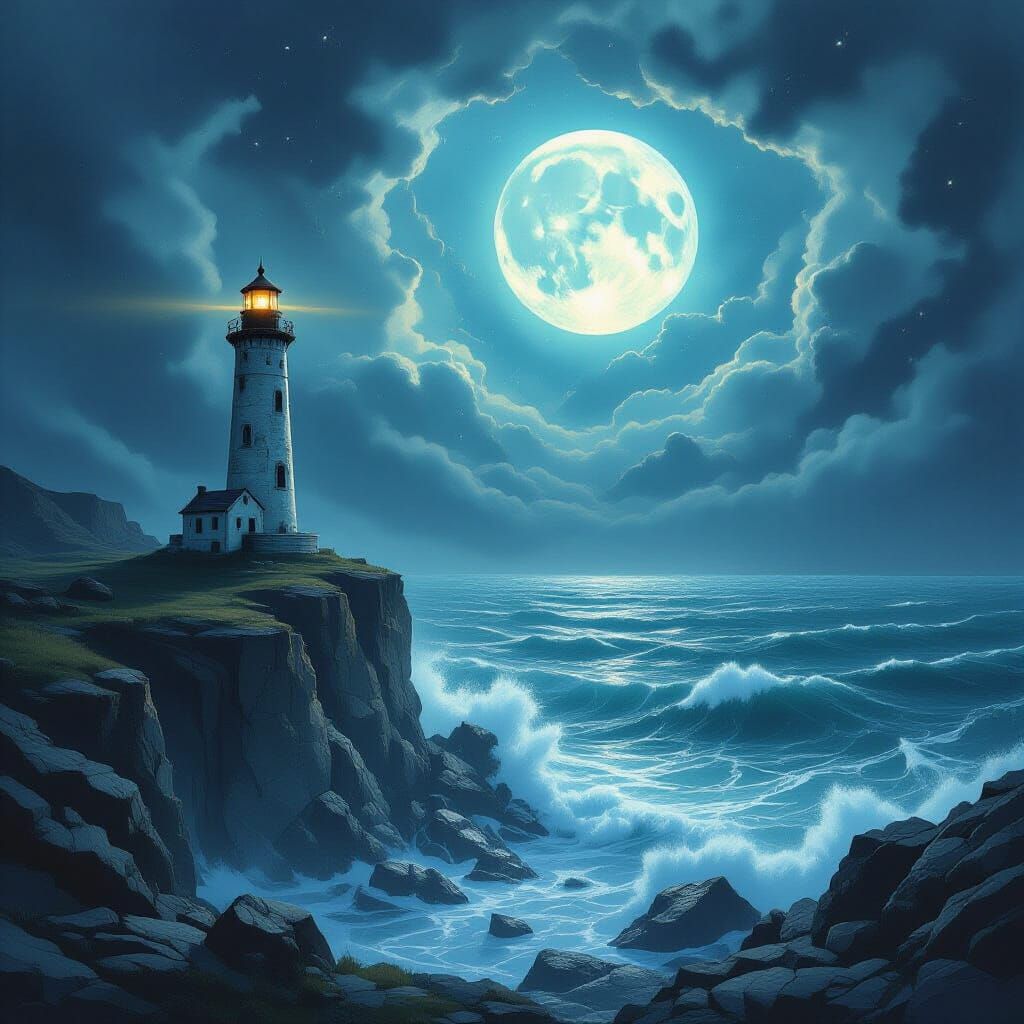 Cosmic Lighthouse on Stormy Ocean Cliff