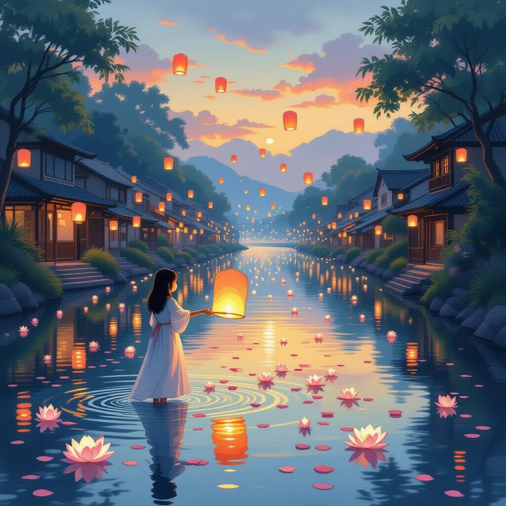 Luminous Lanterns Drift on Ancient River at Dusk
