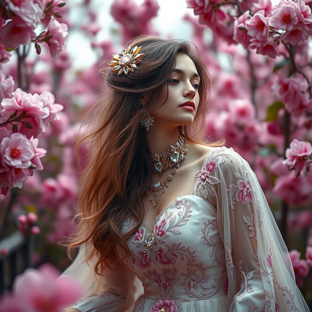 Irish Woman in Spring Attire with Futuristic Jewelry