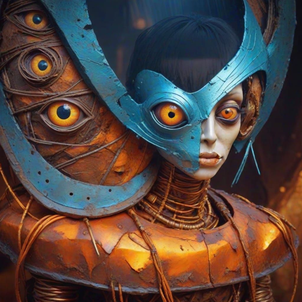 Surreal Metallic Mummy Sculpture with Fish Eyes