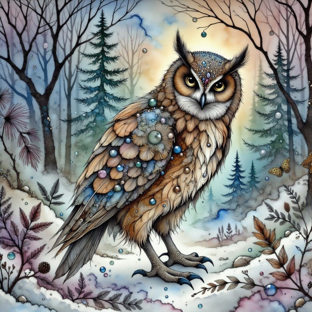 Crystal Eagle Owl in Winter Wonderland Scene