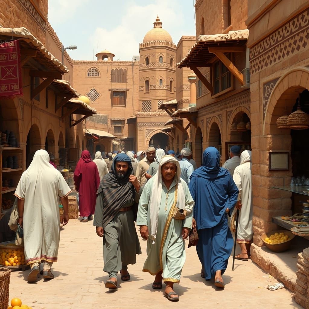 Bustling Medieval Arabic Market with Geometric Architecture
