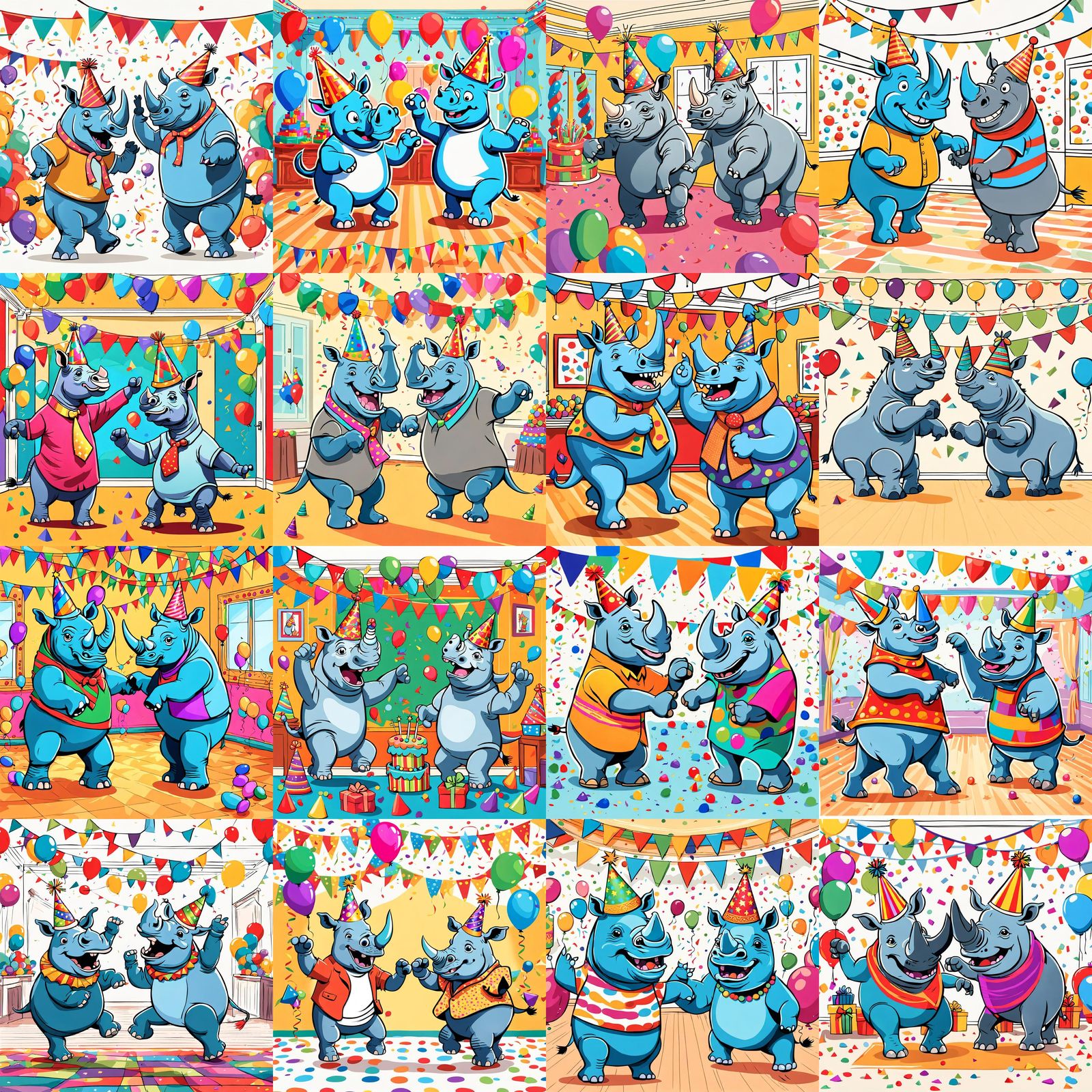 Cartoon Rhinos Dancing at Party