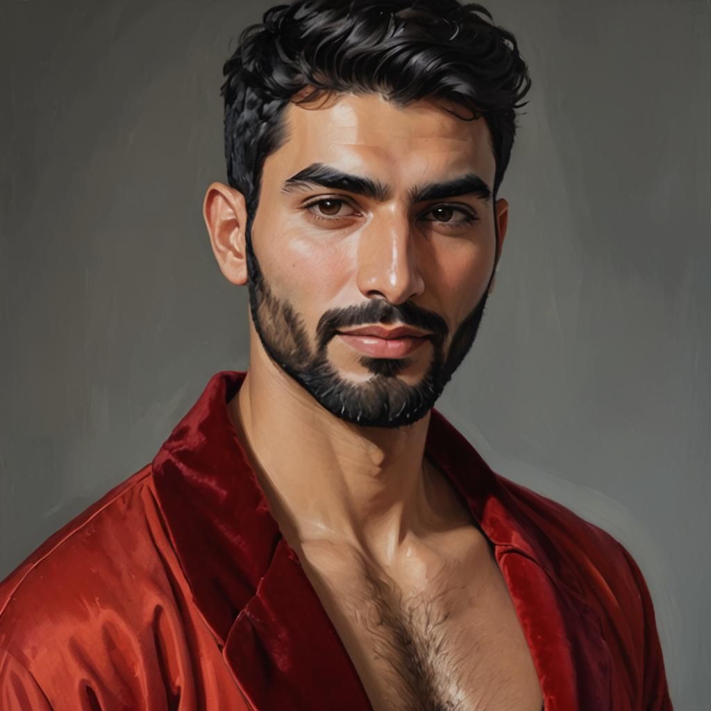 Cheerful Man in Red Bathrobe, Expressionist Oil Painting