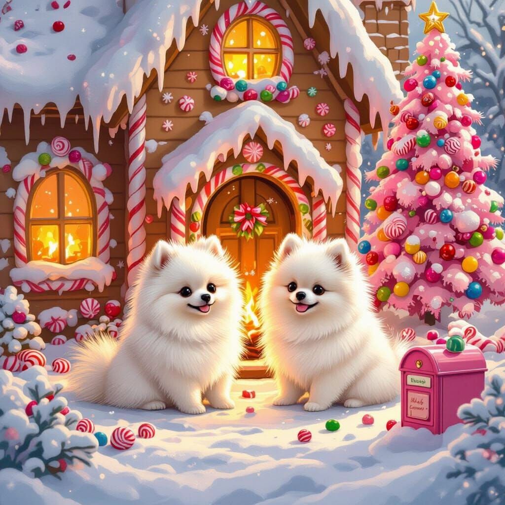 Two Pomeranians in a Candy Gingerbread Mansion