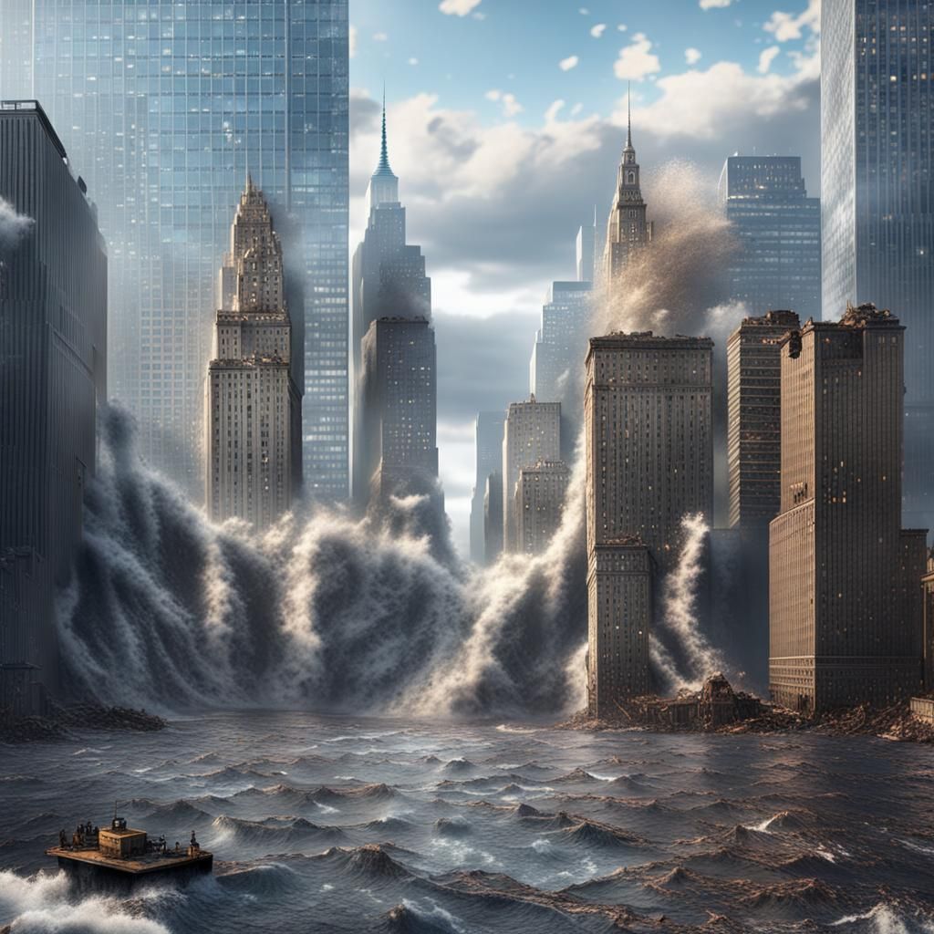 Tsunami Devastates New York City in Hyperrealistic Style