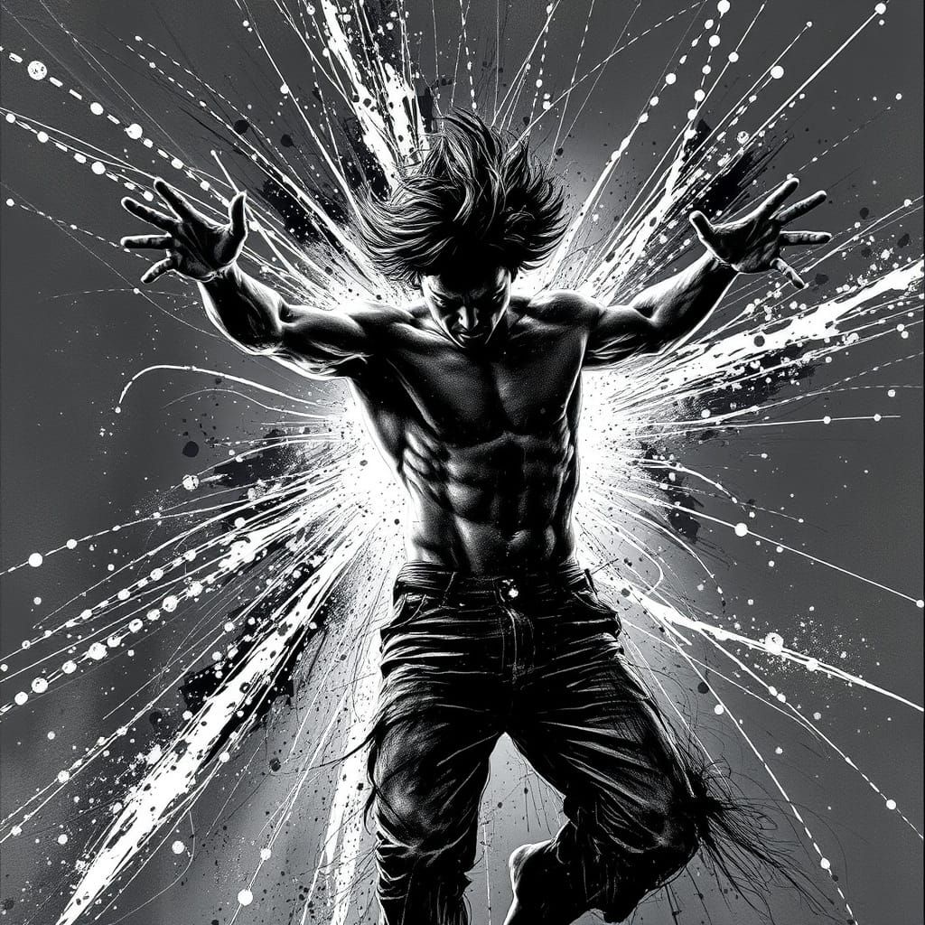 Figure Escapes Digital Cage in Monochrome Mixed Media Style