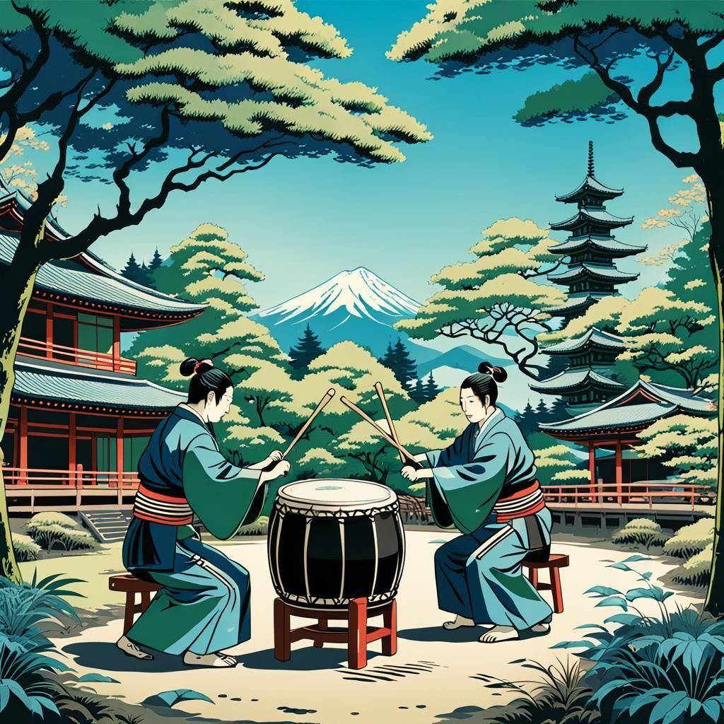 Ukiyo-e Style Taiko Drummers in Garden Setting