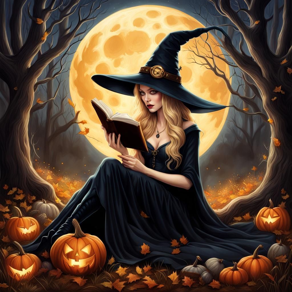 Voluptuous Witch Reading a Book: Fantasy Art