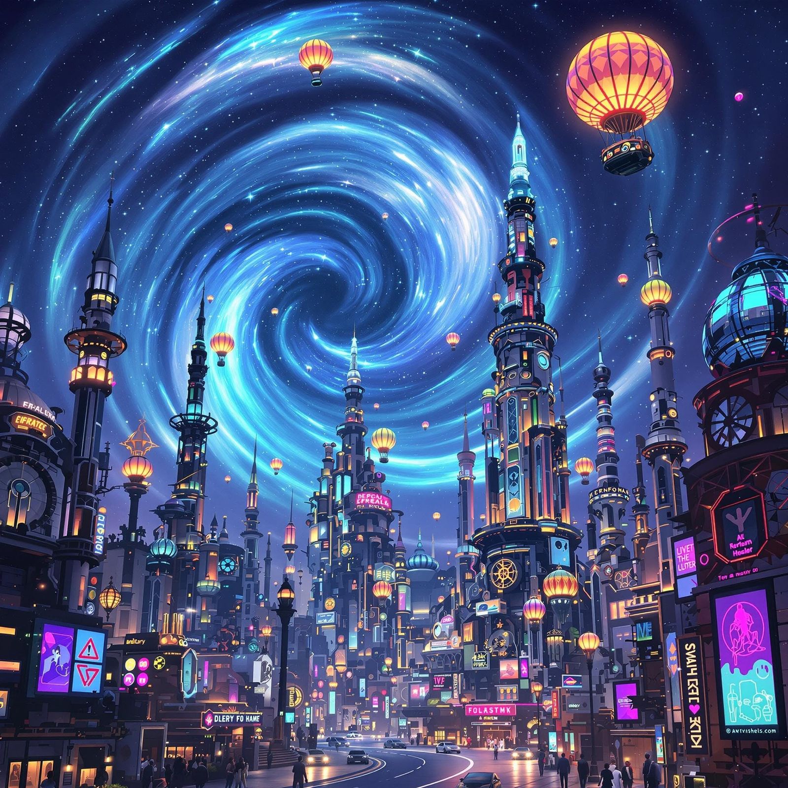 Futuristic Cityscape under Cosmic Sky: Fantasy Concept Art
