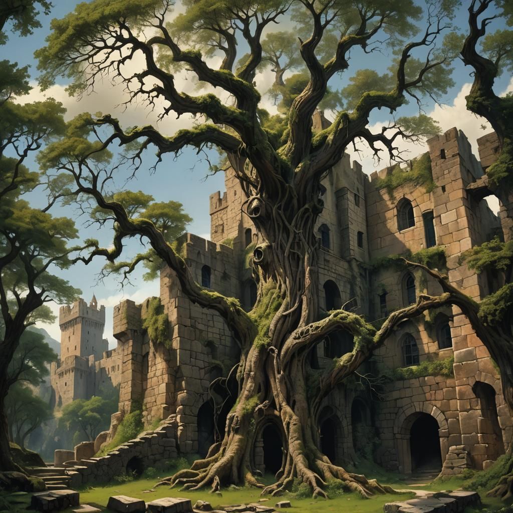 Castle Ruins Overgrown with Trees in Romantic Style