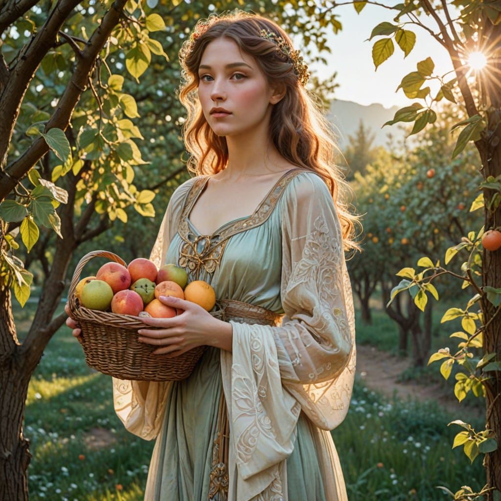Art Nouveau Orchard Scene With Woman Holding Glowing Fruit B...