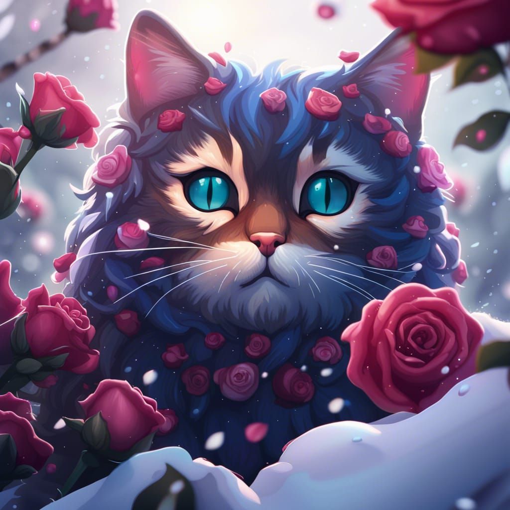 Kawaii Cat in Snow and Roses: Detailed Matte Painting