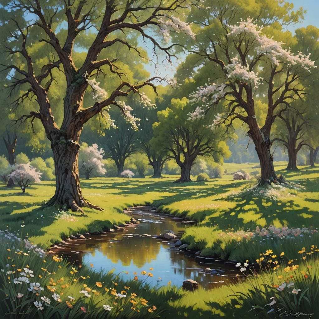 Sunlit Meadow with Blossoms: An Oil Painting