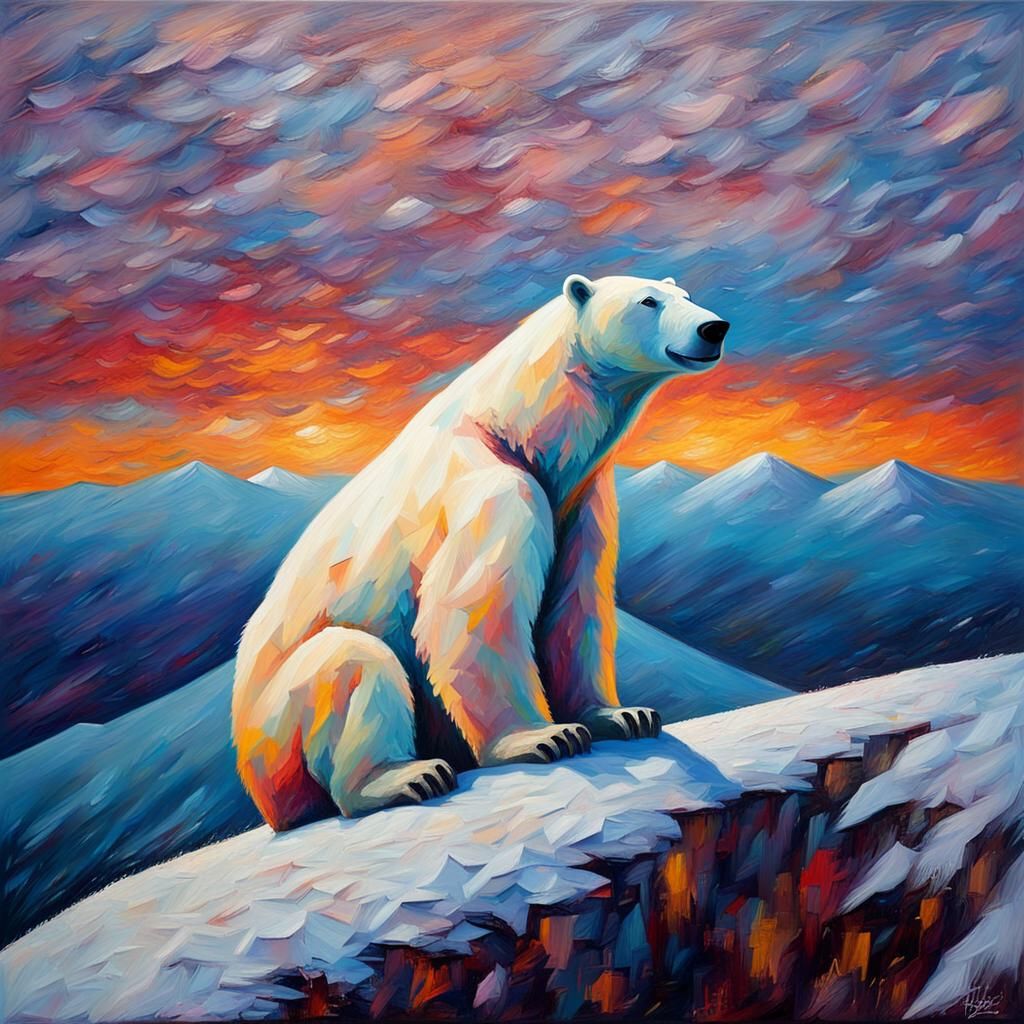 Polar Bear on Snowy Mountain in Expressionist Style