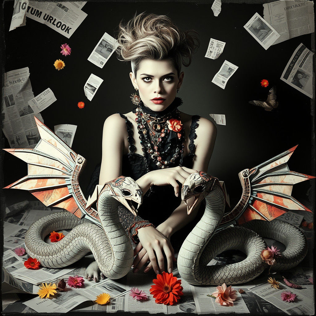 Surreal Woman with Winged Serpents in Photogram Style