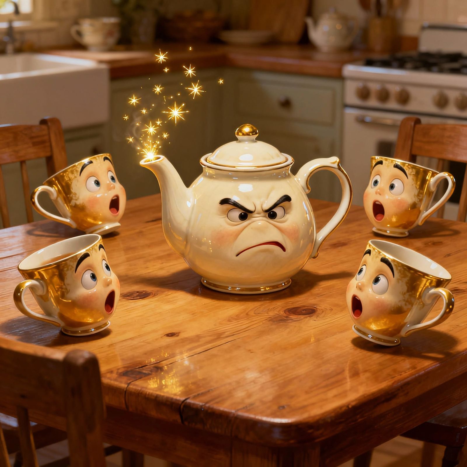 Grumpy Teapot Emits Sparks, Surprised Teacups React