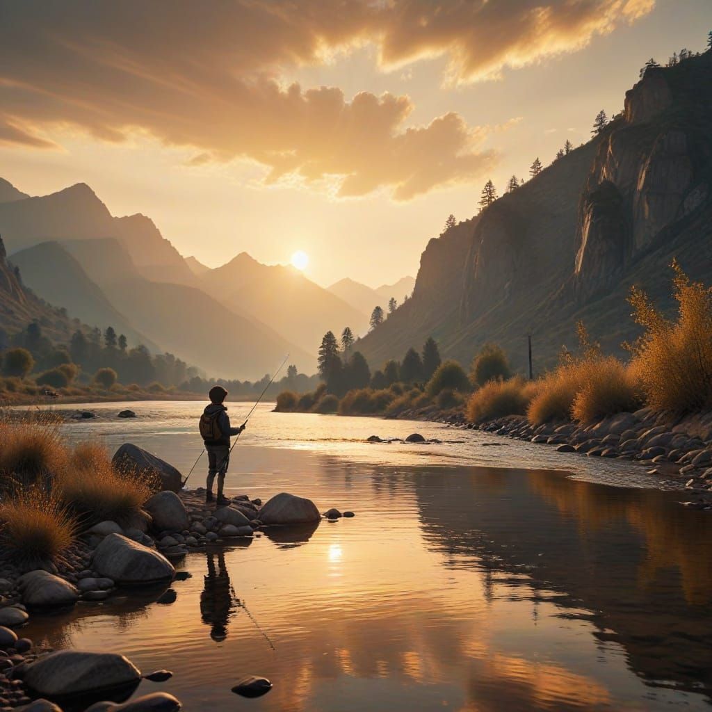 Child Fishing at Sunset: Serene Landscape Photography