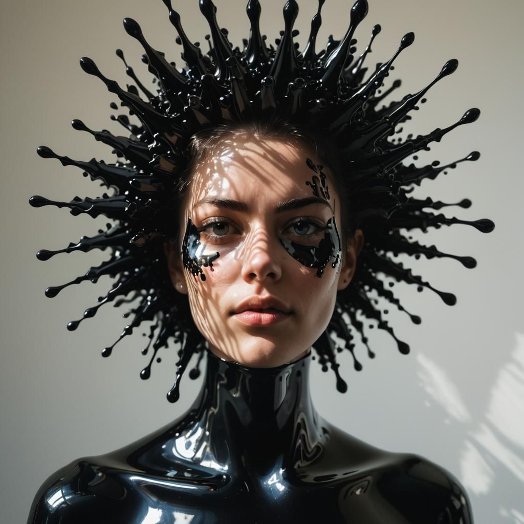 Surreal Mirror Portrait in a Dark, Shimmering Ferrofluid Wor...