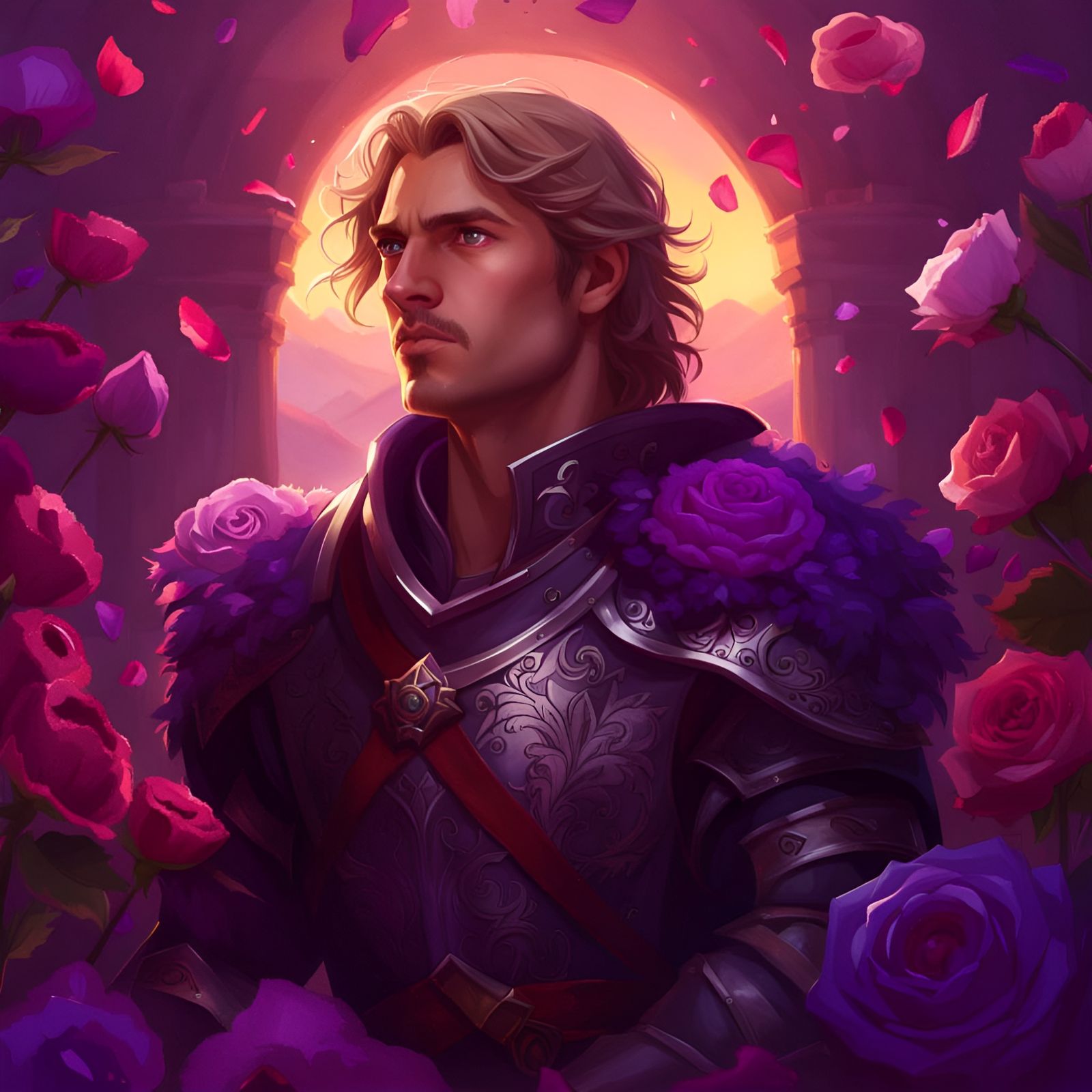 Valiant Knight in Purple Sunset Fantasy