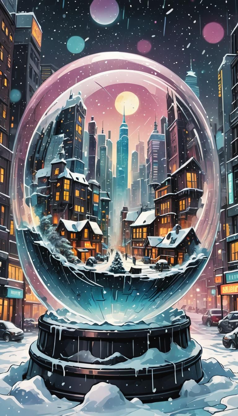 Cyberpunk City in Vintage Snow Globe