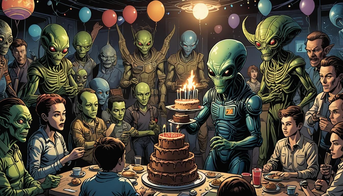 Alien Birthday Party: Comic Book Illustration