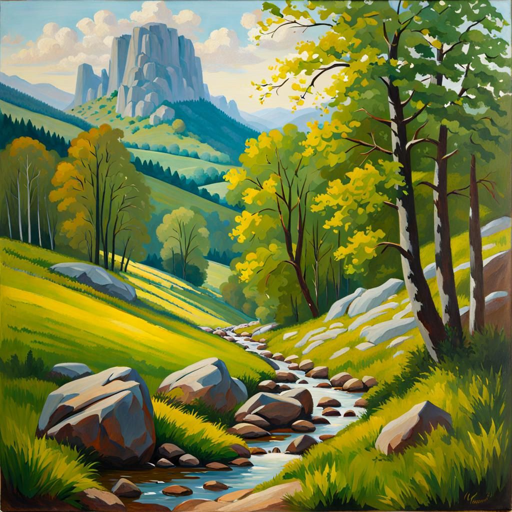 German Low Mountain Landscape Oil Painting