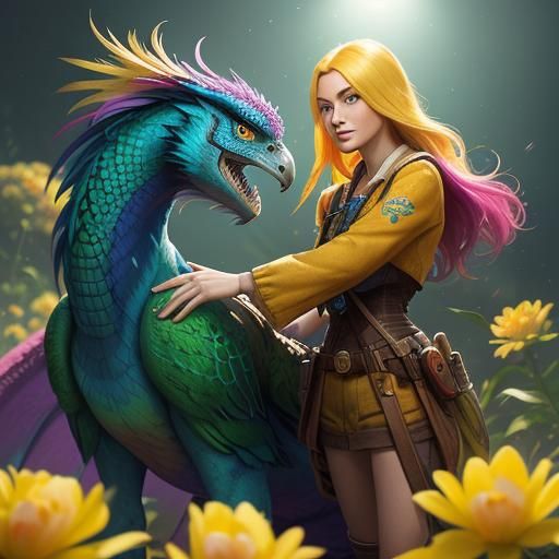 Colorful Woman and Dragon Peacock in Vibrant Digital Art