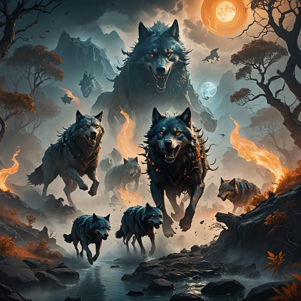 Wolves Escape Poison Gas Island: Fantasy Art