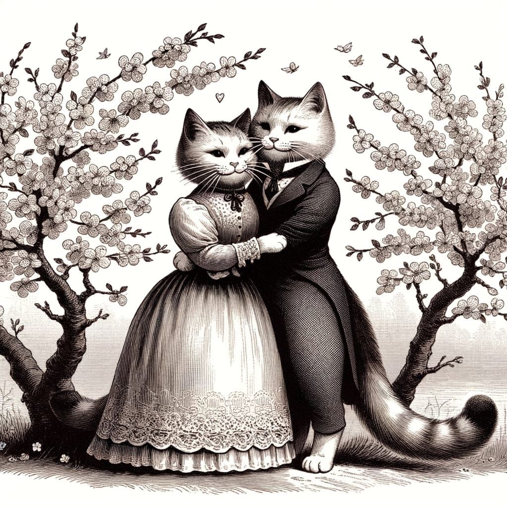 Anthropomorphic cat couple standing upright embraces under a cherry blossom tree, in the style of late nineteenth, early...