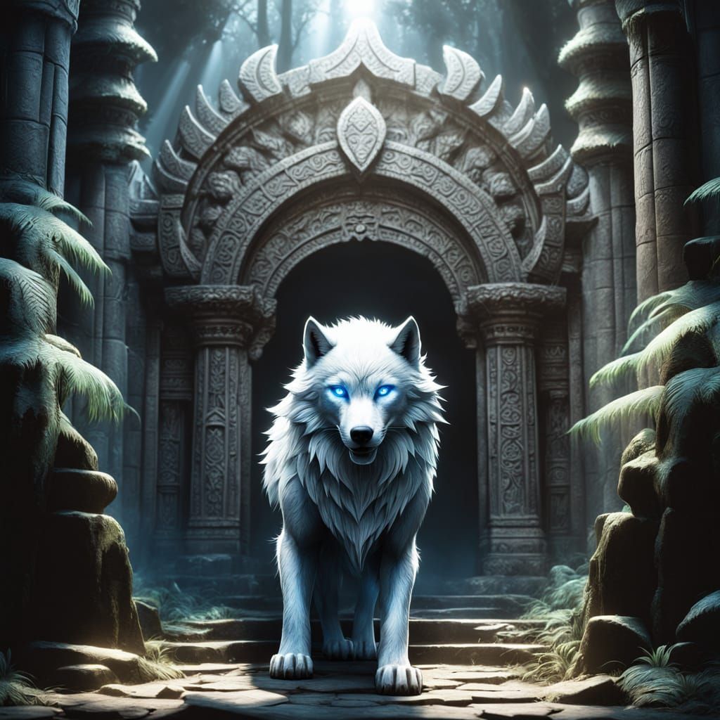 White Wolf Anthro in Overgrown Jungle Temple