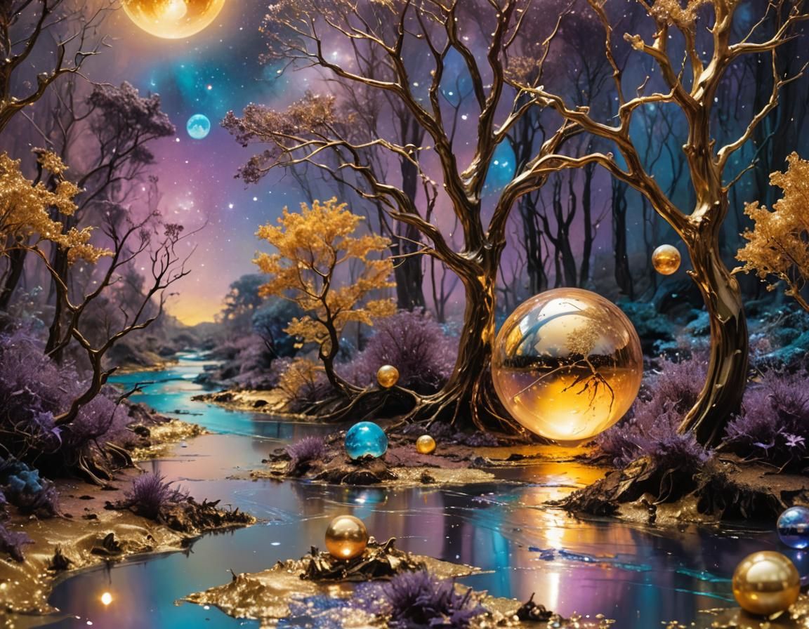 Surreal Space Fantasy with Golden Landscape and Planets