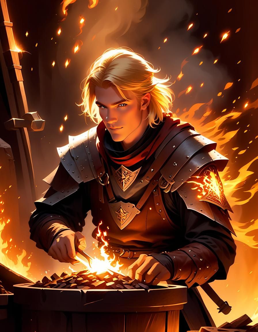 Red-Hued Smith at Forge in High Fantasy Artwork