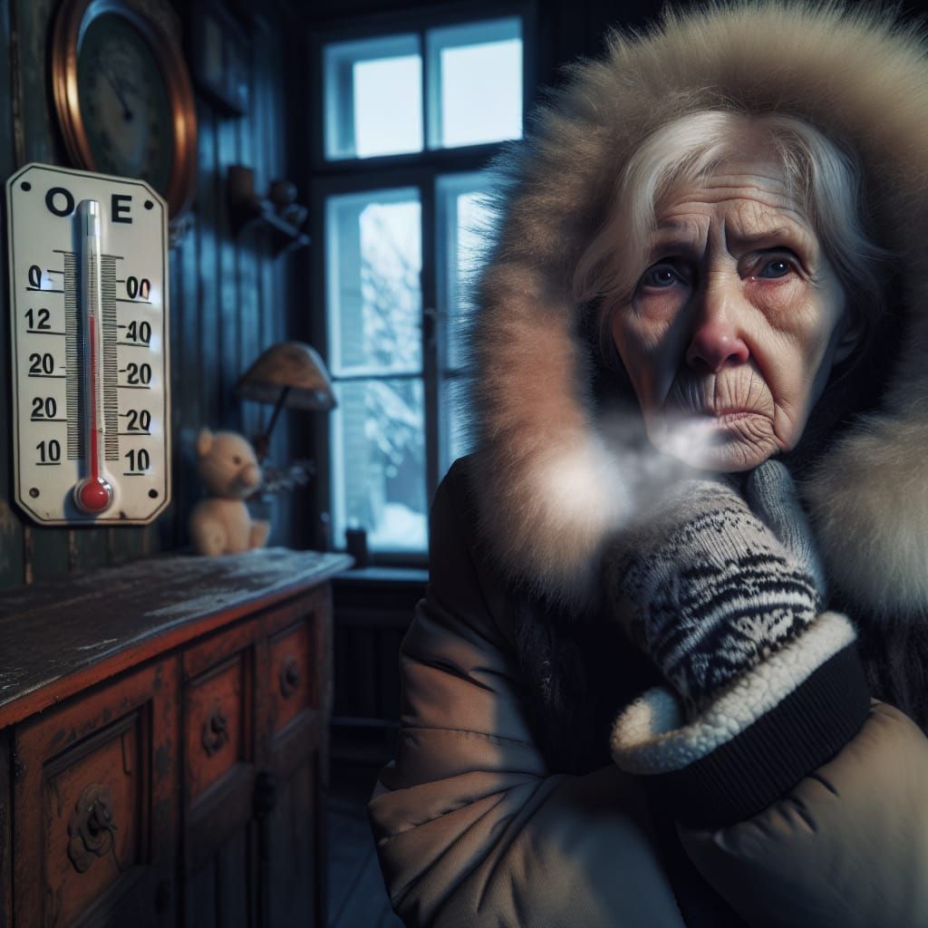 Elderly Woman Enduring Winter Chill Indoors