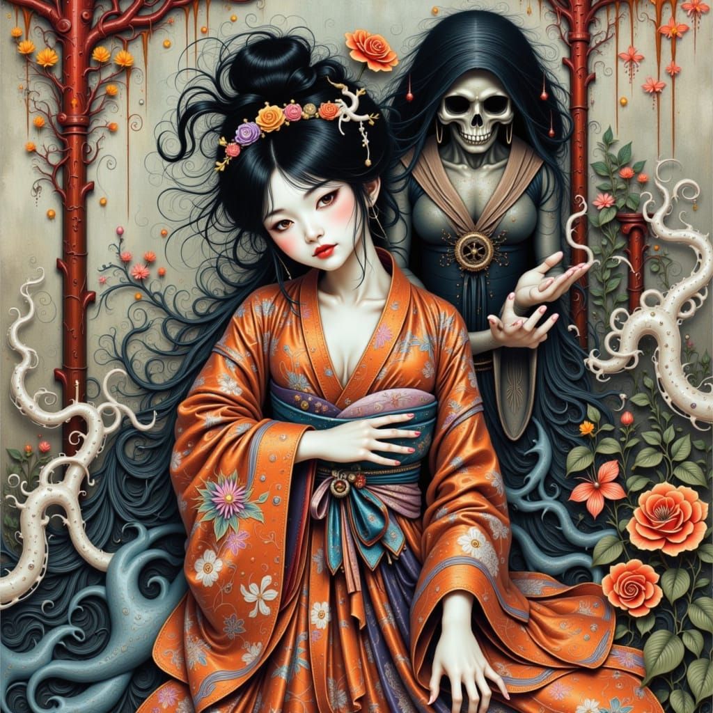Geisha and Samurai Ghost Embrace in Surreal Art Deco