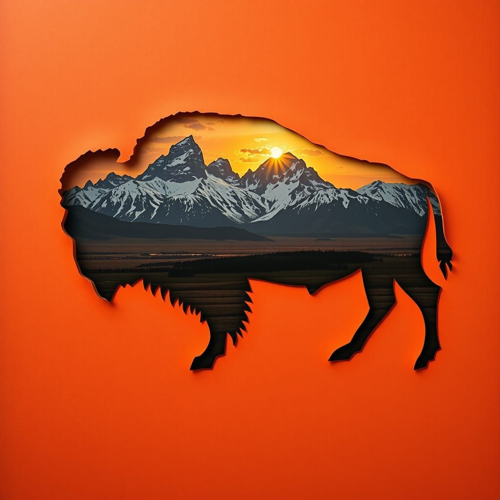 Earthly Bison Silhouette with Majestic Teton Mountains
