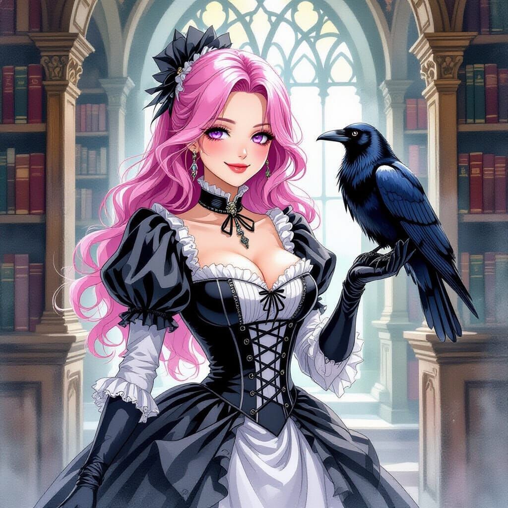 Victorian Woman with Raven in Creepy Library Watercolor