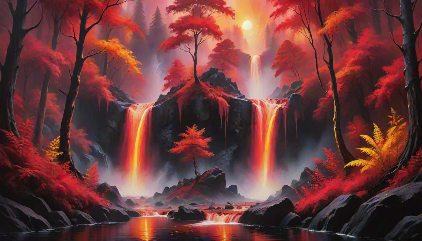 Mystical Forest Illuminated by Vibrant Red Waterfall in Oil ...