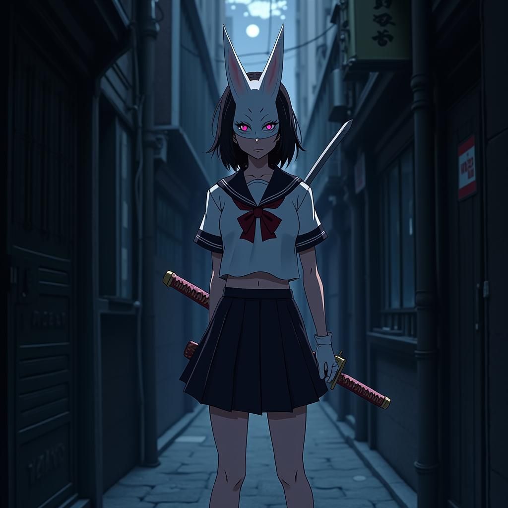 Teen Girl with Katana in Dark Alley, Anime Style