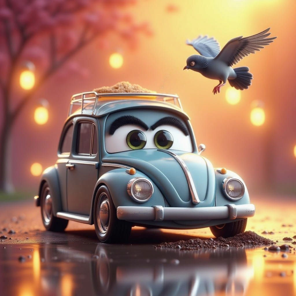 Animated VW Bug Disgusted by Pigeon Droppings, Pixar Style