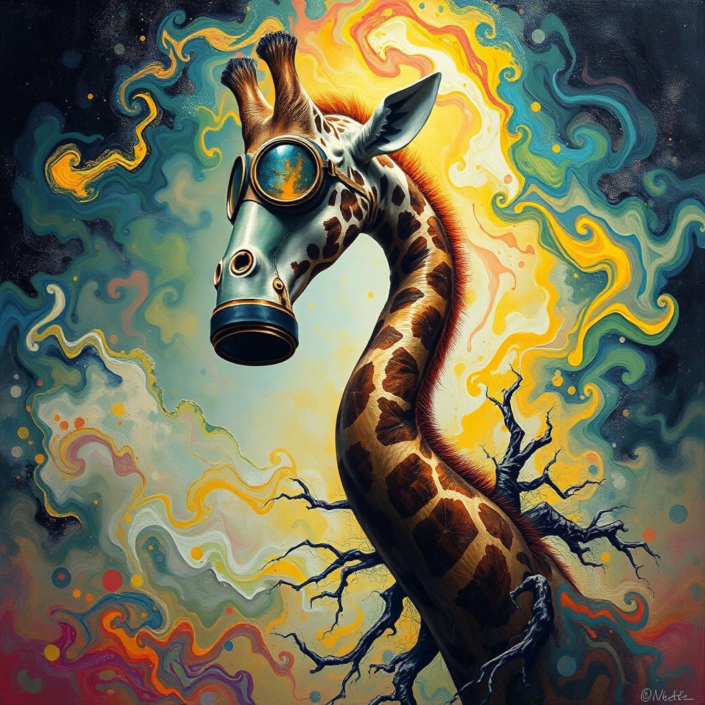 Surreal Giraffe in Gasmask with Psychedelic Colors